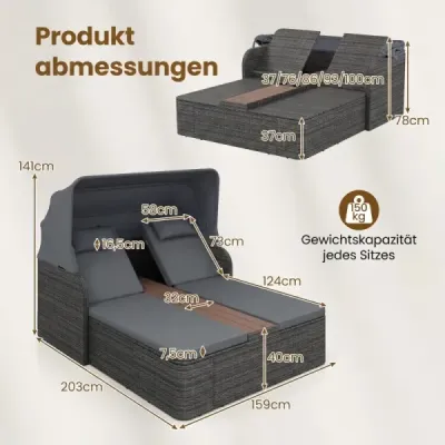 Ratanové ležadlo pre 2 osoby Sonneninsel Outdoor so skladacou slnečnou strieškou, šedé