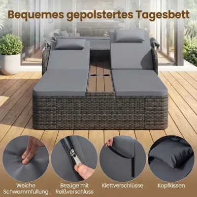 Ratanové ležadlo pre 2 osoby Sonneninsel Outdoor so skladacou slnečnou strieškou, šedé