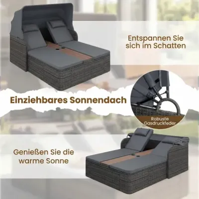 Ratanové ležadlo pre 2 osoby Sonneninsel Outdoor so skladacou slnečnou strieškou, šedé
