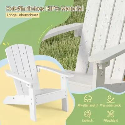 Sada 2 ks detských stoličiek Adirondack z HIPS, záhradné stoličky s ergonomickým operadlom, biele