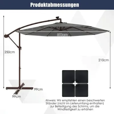 Slnečník 300 cm konzolový slnečník so 40 solárnymi LED svetlami a kľučkou Sivá