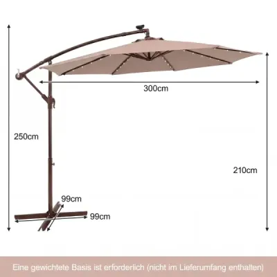 300 cm závesný slnečník, 40 lampových korálok, solárny sklopný, krížový podstavec, kľuka, do záhrady a k bazénu, svetlohnedý