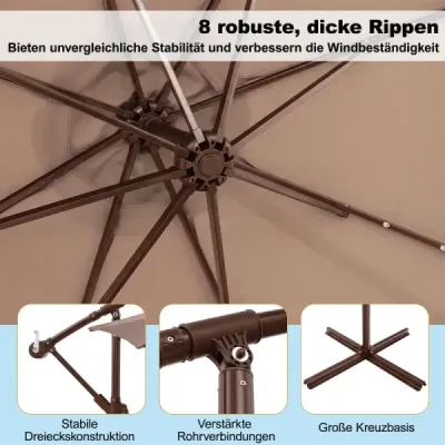 300 cm závesný slnečník, 40 lampových korálok, solárny sklopný, krížový podstavec, kľuka, do záhrady a k bazénu, svetlohnedý