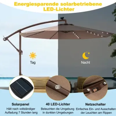 300 cm závesný slnečník, 40 lampových korálok, solárny sklopný, krížový podstavec, kľuka, do záhrady a k bazénu, svetlohnedý