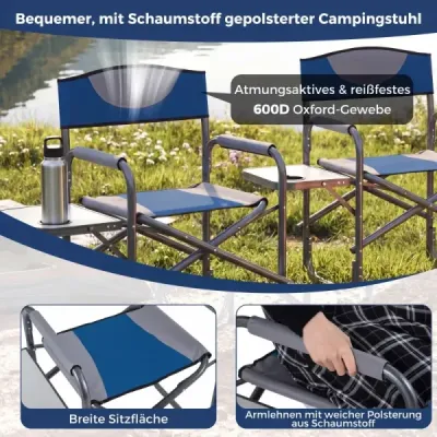 Režisérska stolička – skladacie kempingové kreslo s bočným stolíkom a držiakom na nápoje, modrá