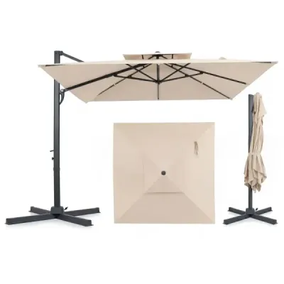 Slnečník s výsuvnou tyčou 300 x 300 cm, štvorcový slnečník s nožným pedálom a kľukou, otočný o 360°, béžový