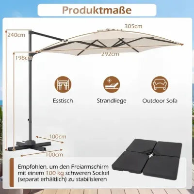 3 m slnečník s výkyvnou konštrukciou, otočný o 360°, vetrací otvor, krížová základňa, kľuka, béžová farba