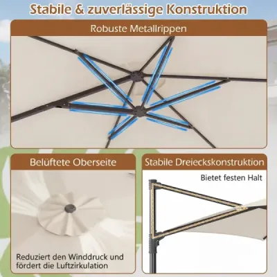 3 m slnečník s výkyvnou konštrukciou, otočný o 360°, vetrací otvor, krížová základňa, kľuka, béžová farba