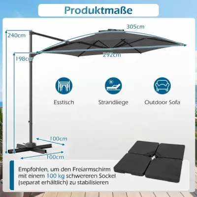 3 m slnečník s výkyvnou konštrukciou, otočný o 360°, vetrací otvor, krížová základňa, kľuka, sivý