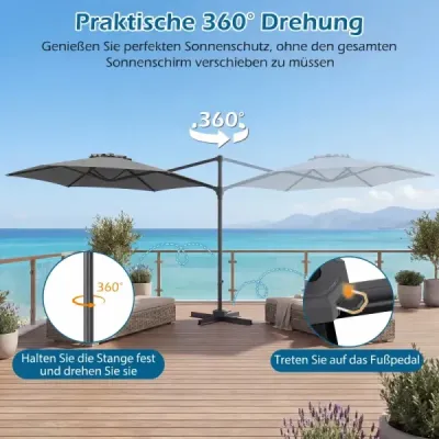 3 m slnečník s výkyvnou konštrukciou, otočný o 360°, vetrací otvor, krížová základňa, kľuka, sivý