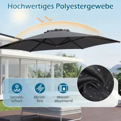 3 m slnečník s výkyvnou konštrukciou, otočný o 360°, vetrací otvor, krížová základňa, kľuka, sivý