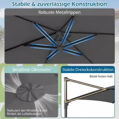 3 m slnečník s výkyvnou konštrukciou, otočný o 360°, vetrací otvor, krížová základňa, kľuka, sivý