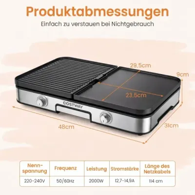 Elektrický stolný gril 3 v 1, 2000 W, s 2 samostatnými ohrevnými zónami a 6 nastaveniami teploty