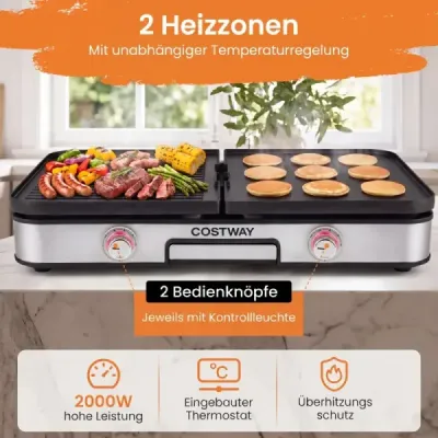Elektrický stolný gril 3 v 1, 2000 W, s 2 samostatnými ohrevnými zónami a 6 nastaveniami teploty