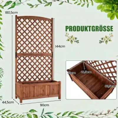 Kvetinový debničeka, vyvýšený záhon z jedľového dreva, kvetináč s mriežkou na popínavé rastliny