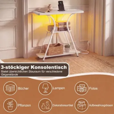 Konzoľový stolík s LED osvetlením a nabíjacou stanicou Úzky stolík do predsiene s 3 odkladacími plochami, kovový rám