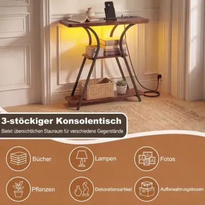 Konzoľový stolík s LED osvetlením a nabíjacou stanicou Úzky stolík do predsiene s 3 odkladacími plochami Kovový rám