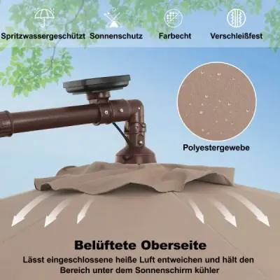 300 cm závesný slnečník, 40 lampových korálok, solárny sklopný, krížový podstavec, kľuka, do záhrady a k bazénu, svetlohnedý