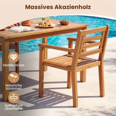Záhradné stoličky z akáciového dreva, sada 2 kusov, drevené stoličky s operadlom a podrúčkami, balkónové stoličky, nosnosť do 180 kg