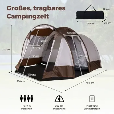 Tunelový stan pre 4-6 osôb. Vodotesný kempingový stan s veľkou predsieňou a vetracími dverami.