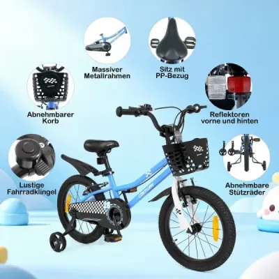 Detský bicykel, 16 palcov, s výškovo nastaviteľným sedadlom a riadidlami, pre deti vo veku 4-7 rokov, modrý