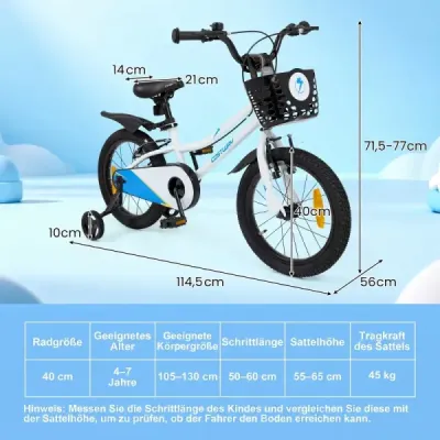 Detský bicykel, 16 palcov, s výškovo nastaviteľným sedadlom a riadidlami, pre deti vo veku 4-7 rokov, biely