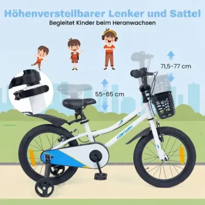 Detský bicykel, 16 palcov, s výškovo nastaviteľným sedadlom a riadidlami, pre deti vo veku 4-7 rokov, biely