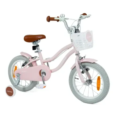 14-palcový detský bicykel s pomocnými kolieskami a košíkom. Detský bicykel s výškovo nastaviteľnými riadidlami a sedlom. ružový.