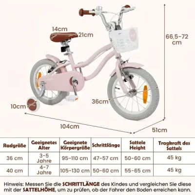 14-palcový detský bicykel s pomocnými kolieskami a košíkom. Detský bicykel s výškovo nastaviteľnými riadidlami a sedlom. ružový.