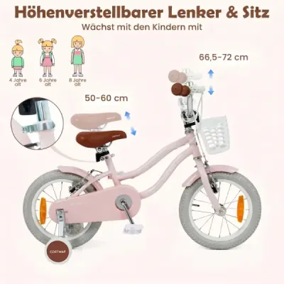 14-palcový detský bicykel s pomocnými kolieskami a košíkom. Detský bicykel s výškovo nastaviteľnými riadidlami a sedlom. ružový.