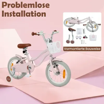 14-palcový detský bicykel s pomocnými kolieskami a košíkom. Detský bicykel s výškovo nastaviteľnými riadidlami a sedlom. ružový.