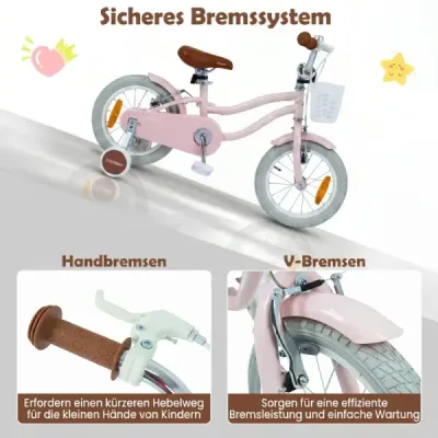 14-palcový detský bicykel s pomocnými kolieskami a košíkom. Detský bicykel s výškovo nastaviteľnými riadidlami a sedlom. ružový.