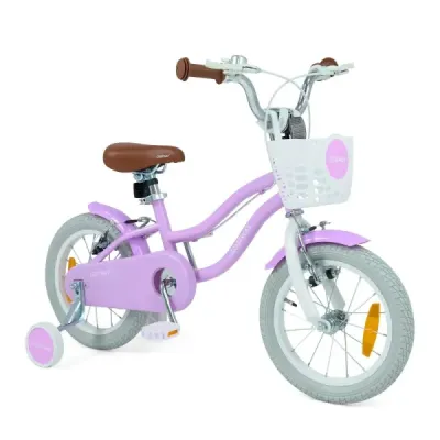 14-palcový detský bicykel s pomocnými kolieskami a košíkom. Detský bicykel s výškovo nastaviteľnými riadidlami a sedlom. Fialový.
