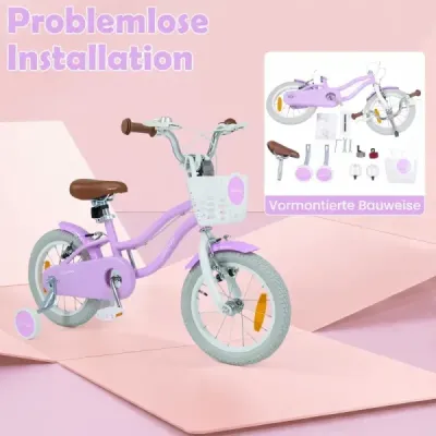 14-palcový detský bicykel s pomocnými kolieskami a košíkom. Detský bicykel s výškovo nastaviteľnými riadidlami a sedlom. Fialový.