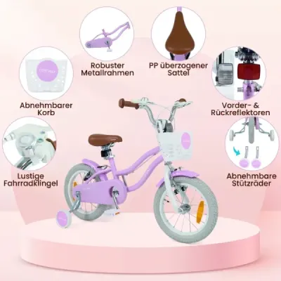 14-palcový detský bicykel s pomocnými kolieskami a košíkom. Detský bicykel s výškovo nastaviteľnými riadidlami a sedlom. Fialový.