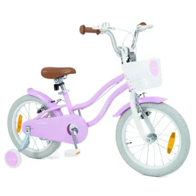 16-palcový detský bicykel s pomocnými kolieskami a košíkom, detský bicykel s výškovo nastaviteľnými riadidlami a sedlom, fialový