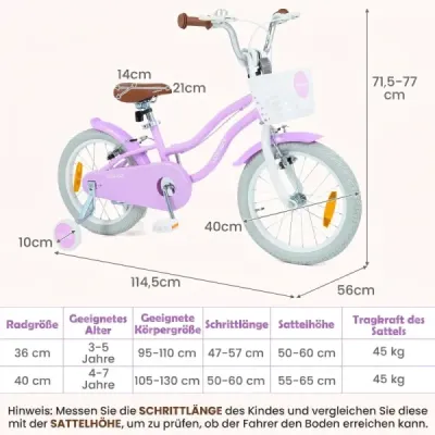 16-palcový detský bicykel s pomocnými kolieskami a košíkom, detský bicykel s výškovo nastaviteľnými riadidlami a sedlom, fialový