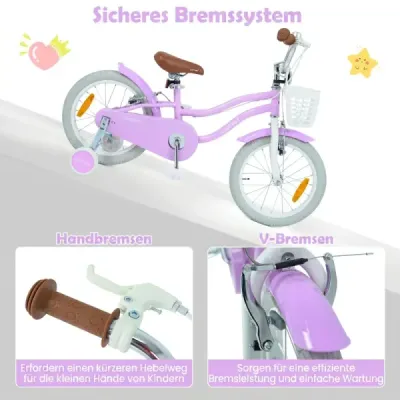 16-palcový detský bicykel s pomocnými kolieskami a košíkom, detský bicykel s výškovo nastaviteľnými riadidlami a sedlom, fialový