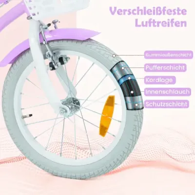 16-palcový detský bicykel s pomocnými kolieskami a košíkom, detský bicykel s výškovo nastaviteľnými riadidlami a sedlom, fialový