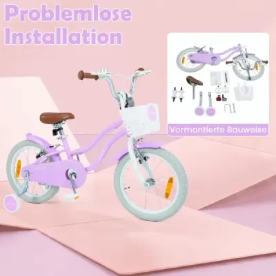 16-palcový detský bicykel s pomocnými kolieskami a košíkom, detský bicykel s výškovo nastaviteľnými riadidlami a sedlom, fialový