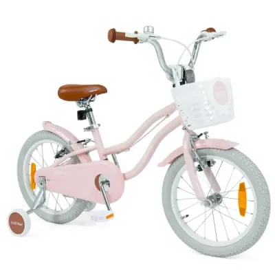 16-palcový detský bicykel s pomocnými kolieskami a košíkom, detský bicykel s výškovo nastaviteľnými riadidlami a sedlom, ružový