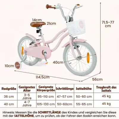16-palcový detský bicykel s pomocnými kolieskami a košíkom, detský bicykel s výškovo nastaviteľnými riadidlami a sedlom, ružový
