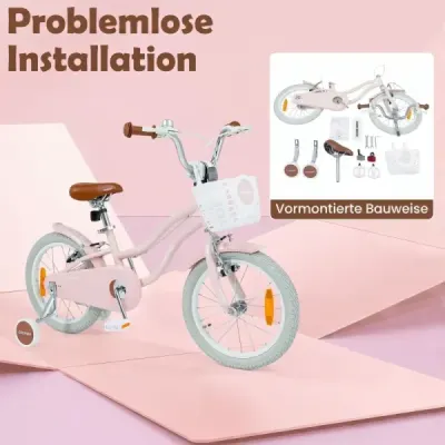 16-palcový detský bicykel s pomocnými kolieskami a košíkom, detský bicykel s výškovo nastaviteľnými riadidlami a sedlom, ružový