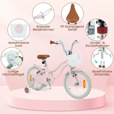 16-palcový detský bicykel s pomocnými kolieskami a košíkom, detský bicykel s výškovo nastaviteľnými riadidlami a sedlom, ružový