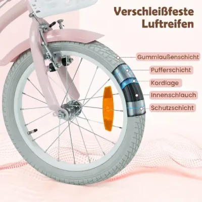 16-palcový detský bicykel s pomocnými kolieskami a košíkom, detský bicykel s výškovo nastaviteľnými riadidlami a sedlom, ružový