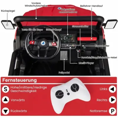 2-miestne elektrické auto s automatickou nabíjacou platformou, hudbou, svetlometmi, 3-8 km/h, diaľkovým ovládaním, červené