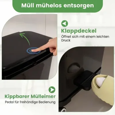 36-litrový odpadkový kôš s 2 vyberateľnými priehradkami, výklopnou časťou a nálepkami na klasifikáciu odpadu, čierny