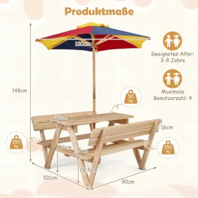 Detský piknikový stôl so slnečníkom, detská sedacia súprava z jedľového dreva s 2 lavicami a operadlom
