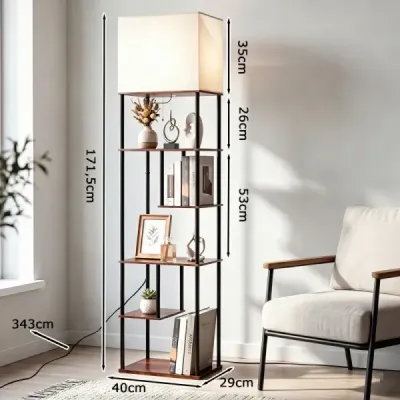 Stojacia lampa s poličkou, výška 172 cm. Stojacia lampa s 5 policami. Moderný stojací lampa s tienidlami.