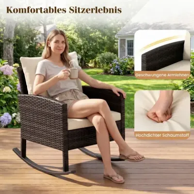 Záhradný nábytok, 3-dielny ratanový balkónový nábytok s 2 hojdacími kreslami a skleneným stolom, béžový